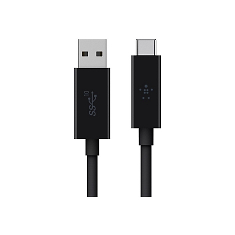 Schwarzes USB-Kabel mit USB-A- und USB-C-Stecker. Beide Stecker sind vor weißem Hintergrund abgebildet.