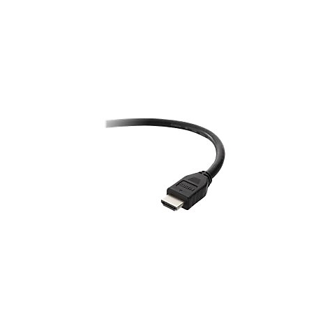 Un câble HDMI noir avec un connecteur, qui est connecté à un écran ou un appareil.