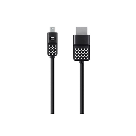 Schwarzes Kabel mit zwei Enden: Mini-DisplayPort und USB-C, mit weißen Punkten und einem rechteckigen Design.