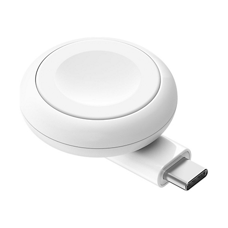 Chargeur de montre intelligente blanc avec connecteur USB-C.