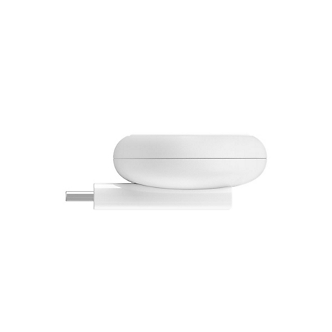 Appareil blanc ovale avec connecteur USB-C. Sur fond blanc. Vu de côté.