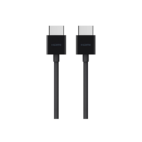 Deux câbles HDMI noirs avec des connecteurs gris, sur fond blanc. L'étiquette HDMI est visible sur les connecteurs.