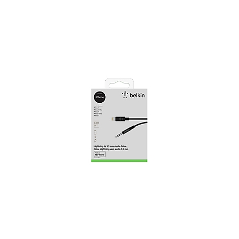 Emballage d'un câble audio Belkin Lightning vers 3,5 mm. Le câble et une partie de l'emballage sont visibles.