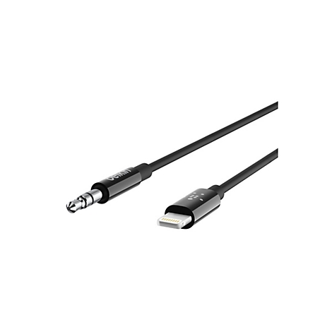 Câble audio noir avec prise jack 3,5 mm et connecteur Lightning, marque Belkin.