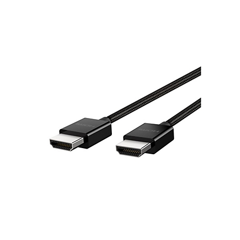 Câble HDMI noir avec connecteurs métalliques, le connecteur avec l'inscription HDMI.