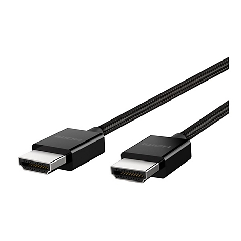 Deux câbles HDMI noirs avec des fiches grises, sur fond blanc.