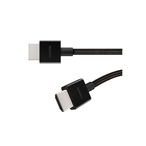Deux câbles HDMI avec connecteurs noirs et un câble tressé, sur fond blanc.