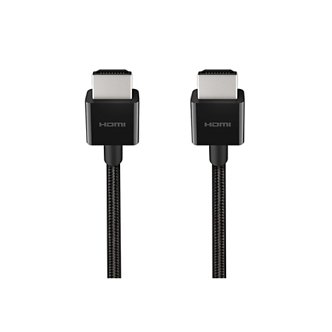 Deux câbles HDMI avec connecteurs noirs et câbles tressés, logo HDMI.