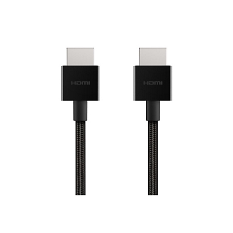 Deux câbles HDMI noirs avec des fiches grises, texte "HDMI". Le fond est blanc.