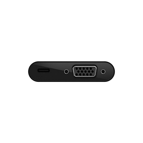 Gros plan d'un appareil noir avec des ports, dont USB-C, VGA et connecteur jack.