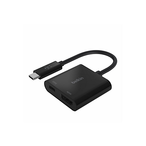 Adaptateur USB-C vers HDMI noir de Belkin. Le produit possède un port HDMI, une prise USB-C et le logo Belkin.