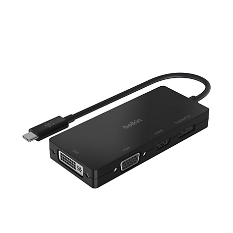 Adaptateur USB-C Belkin noir avec ports DVI, VGA, HDMI et DisplayPort.