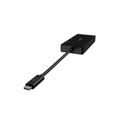 Adaptateur USB-C noir, câble connecté. Logo Belkin sur l'adaptateur. Étiquetage des ports.