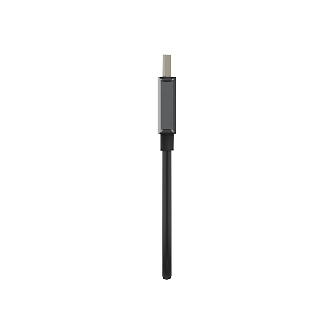 Un câble USB-C noir sur fond blanc. Le connecteur est argenté.
