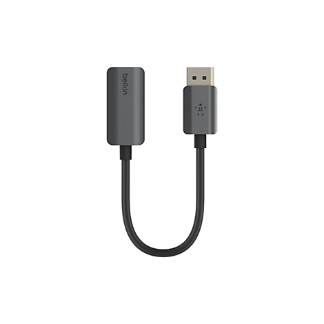 Adaptateur USB Belkin gris avec connecteur USB-A et DisplayPort et câble noir sur fond blanc.