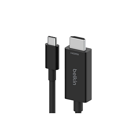 Câble HDMI noir avec connecteur USB-C. La marque Belkin est affichée sur la fiche HDMI.