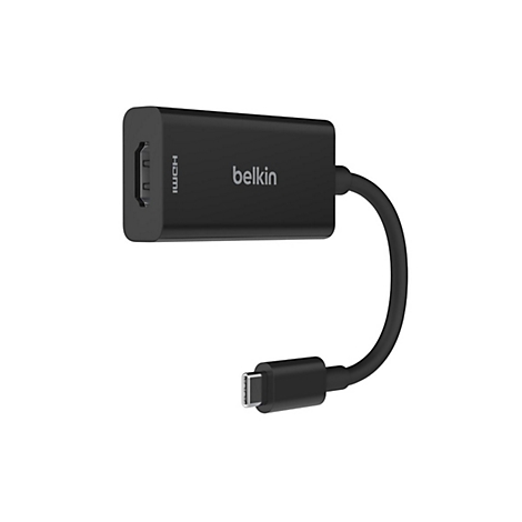 Adaptateur HDMI noir avec connecteur USB-C, marque Belkin. Connecteur HDMI avec étiquette "HDMI", connecteur USB-C.