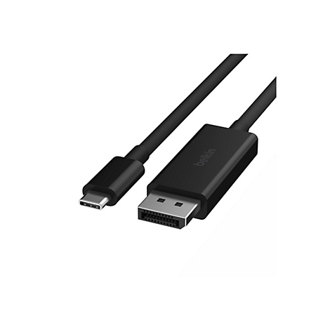 Gros plan d'un câble Belkin USB-C vers DisplayPort noir. Le câble a un connecteur USB-C à une extrémité et un connecteur DisplayPort à l'autre extrémité. Le logo Belkin est visible.