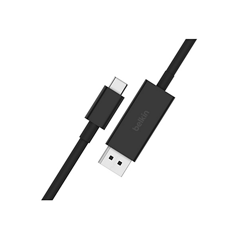 Un câble USB-C noir de Belkin, en diagonale sur fond blanc. Les connecteurs sont clairement visibles.