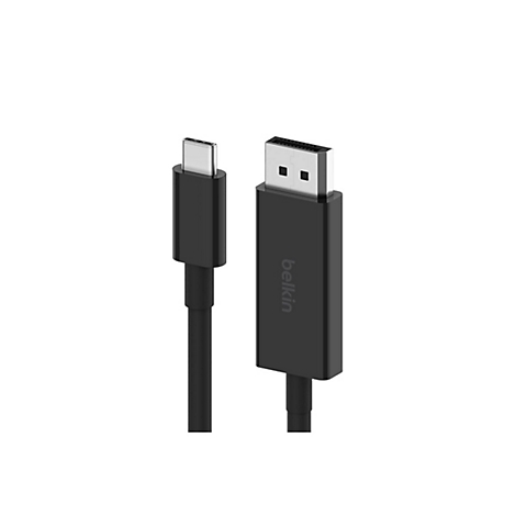 Câble Belkin noir, connecteur USB-C à gauche, connecteur DisplayPort à droite. Câble sur fond blanc.