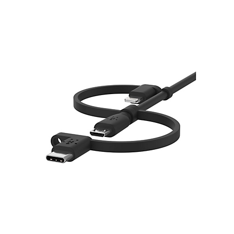 Câble de chargement noir avec plusieurs connecteurs pour différents appareils. Il est disposé en forme de huit.