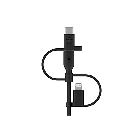 Câble de chargement noir avec connecteurs USB-C et Lightning, sur fond blanc.