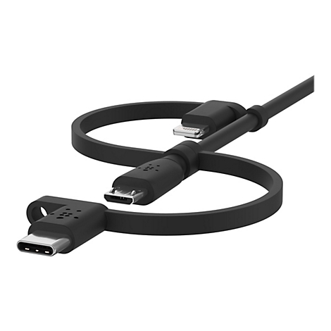 Câble de recharge multiple noir avec connecteurs Lightning, Micro-USB et USB-C.