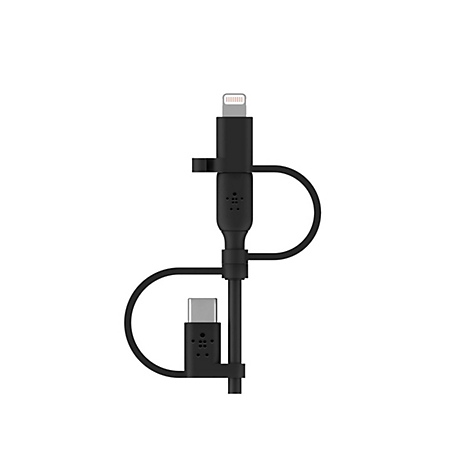 Câble de chargement noir avec connecteurs Lightning et USB-C.