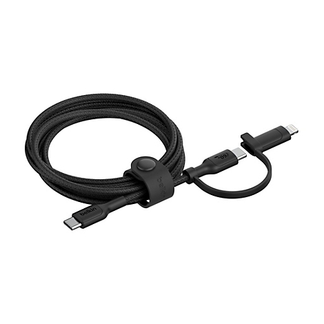 Câble de chargement noir, enroulé et avec le logo Belkin, avec connecteurs USB-C et Lightning. Câble de 60W.