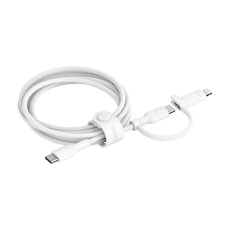 Câble de chargement blanc avec connecteurs USB-C et Lightning, enroulé en forme de huit. Une attache de câble blanche le maintient ensemble.
