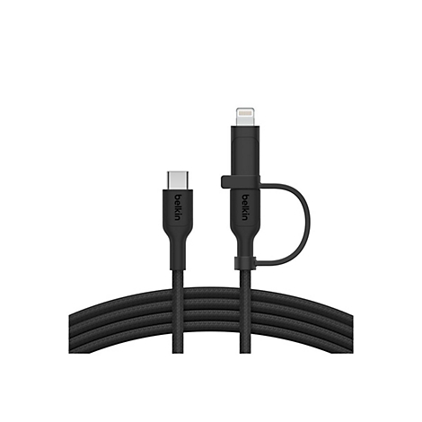 Un câble de chargement noir de la marque Belkin, avec un connecteur USB-C et un connecteur Lightning.