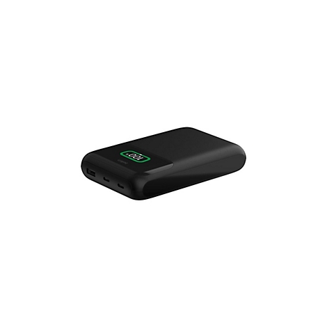 Batterie externe noire avec un écran vert indiquant 100% de charge. Logo Belkin.