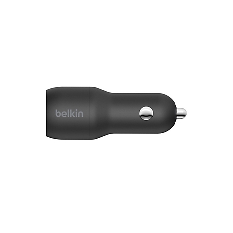 Chargeur de voiture Belkin noir sur fond blanc avec des accents argentés.