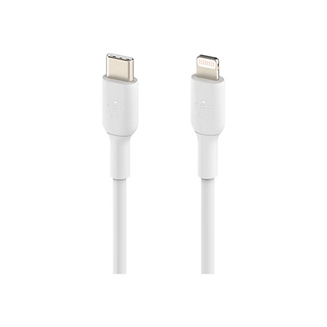 Zwei weiße Ladekabel: USB-C und Lightning, Belkin-Logo.