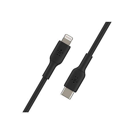 Schwarzes Ladekabel mit Lightning- und USB-C-Anschlüssen, diagonaler Blickwinkel.