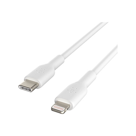 Weißes Ladekabel mit einem USB-C-Stecker und einem Lightning-Stecker. Der Hintergrund ist weiß.
