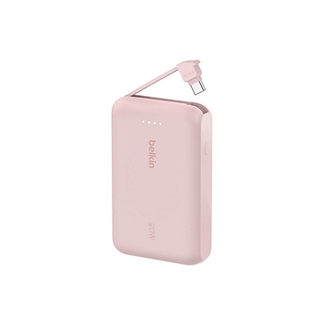 Batterie externe Belkin rose clair avec câble USB-C pliable. Inscription : 20W.