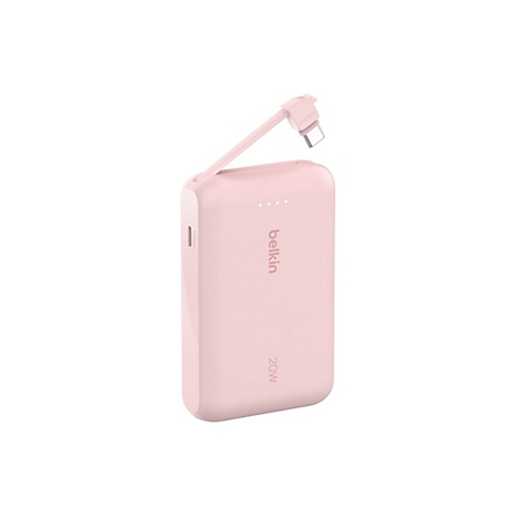 Batterie externe Belkin rose clair avec câble de chargement attaché.