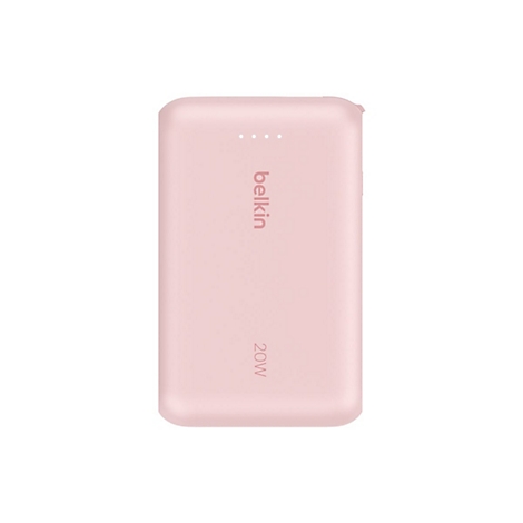Batterie externe Belkin rose clair. Quatre petites LED en haut, lettrage Belkin, 20W en dessous.