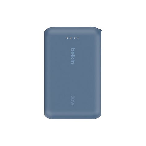 Batterie externe Belkin bleue avec quatre points indicateurs de charge et impression 20W.