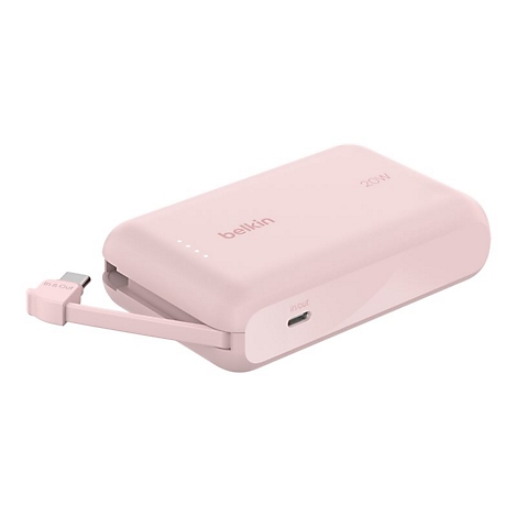 Batterie externe Belkin rose clair avec câble de charge attaché et étiquette 20W.