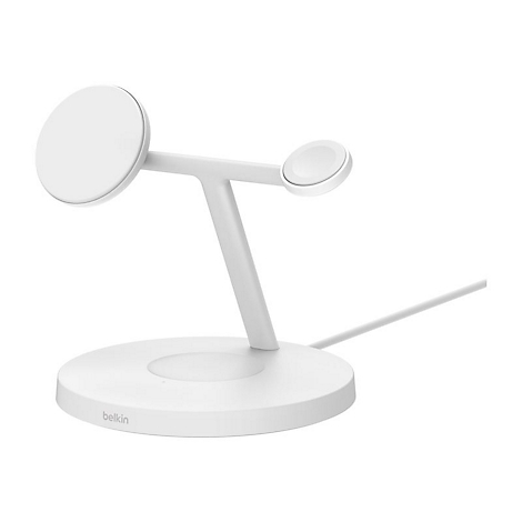 Chargeur blanc pour Apple Watch et iPhone. L'appareil de chargement est de Belkin.