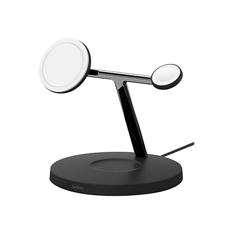 Station de charge noir avec deux surfaces de charge blanches pour smartphone et smartwatch. La base porte l'inscription Belkin.