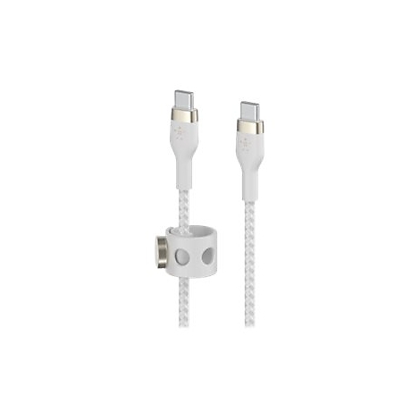 Deux câbles de chargement USB-C blancs avec des câbles tressés. Un câble est muni d'un support magnétique blanc.