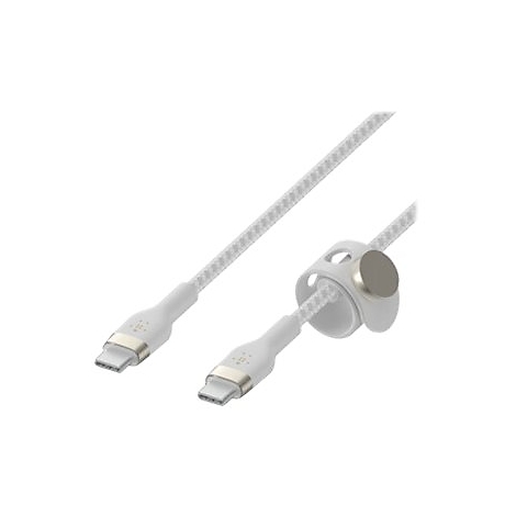Câble USB-C blanc avec gaine tressée grise et support de câble magnétique.