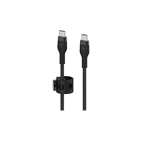 Deux câbles USB-C noirs avec support. Câbles et fiches avec logo Belkin et motif.