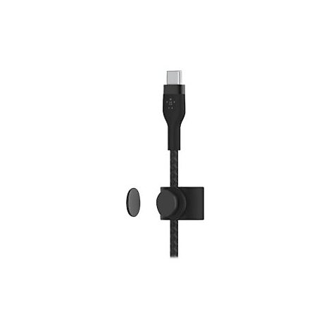 Câble USB-C noir avec support et aimants sur fond blanc. Le câble a une texture tressée.