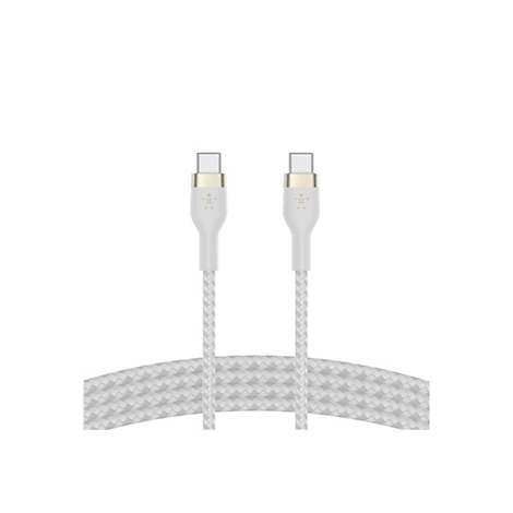 Deux câbles USB-C blancs avec motif tressé, connecteurs dorés et logo Belkin.