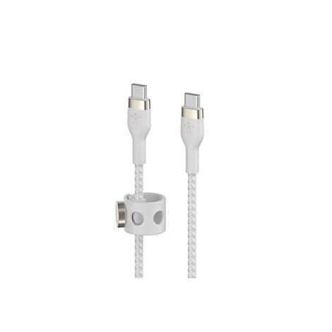 Deux câbles USB-C blancs avec des cordons tressés et un support magnétique sur fond blanc.