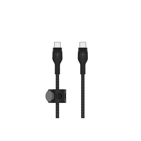 Deux câbles USB-C noirs sur fond blanc. Un avec un serre-câble.
